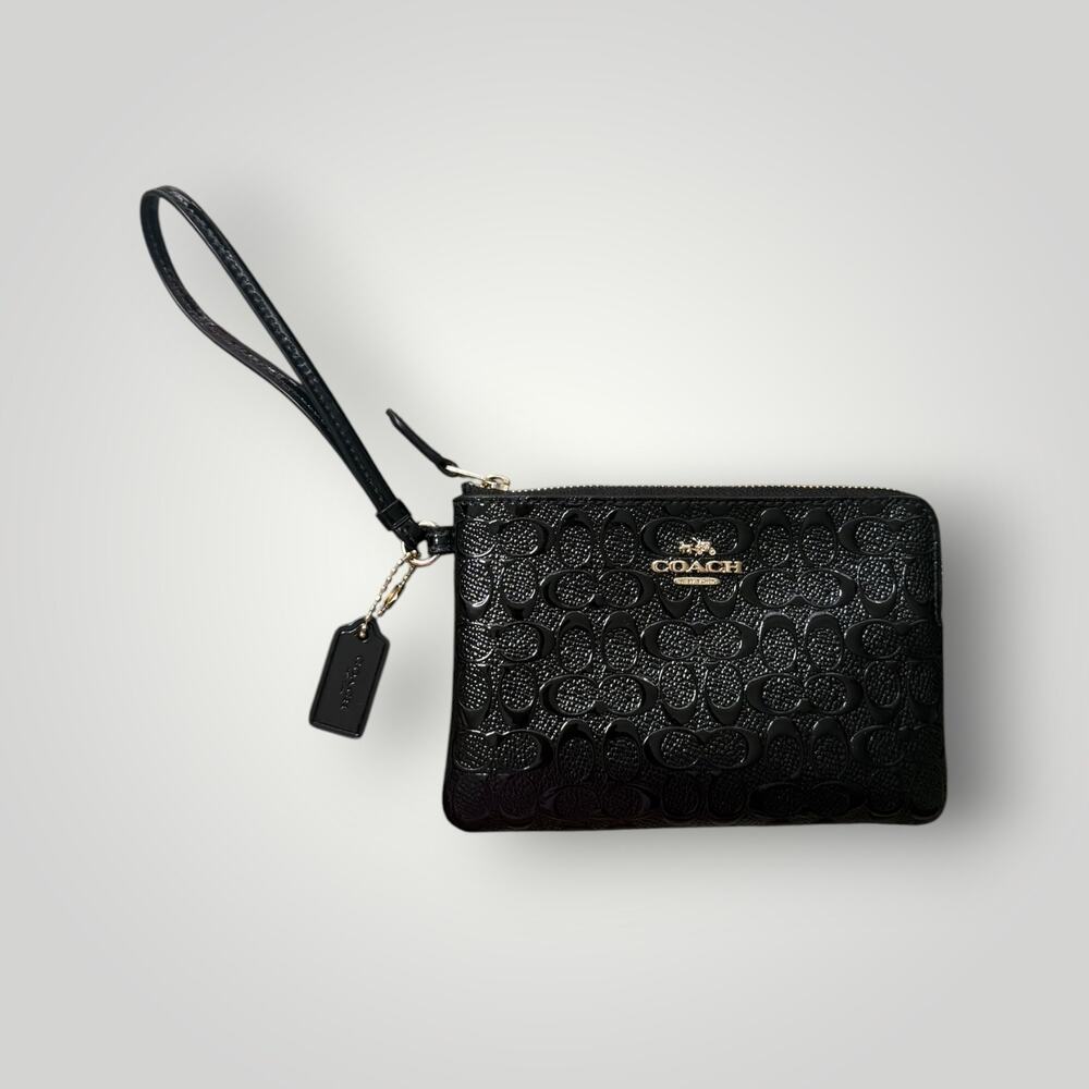Coach Corner Zip Wristlet in Signature Debossed Patent Leather Black